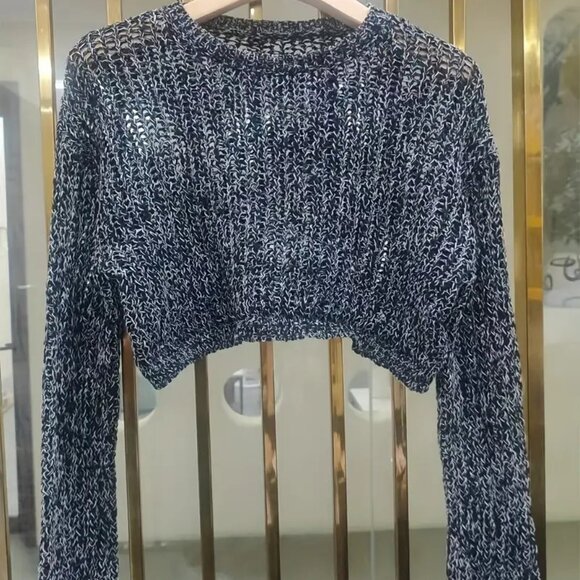 Tops - Y2K Black Marled Knitted Long Sleeves Crop Top